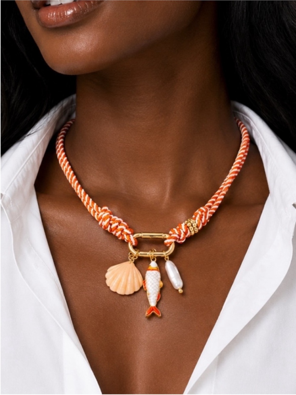 New! Coastal Tangerine Orange Cord Fish Carabiner Necklace NWOT 5018